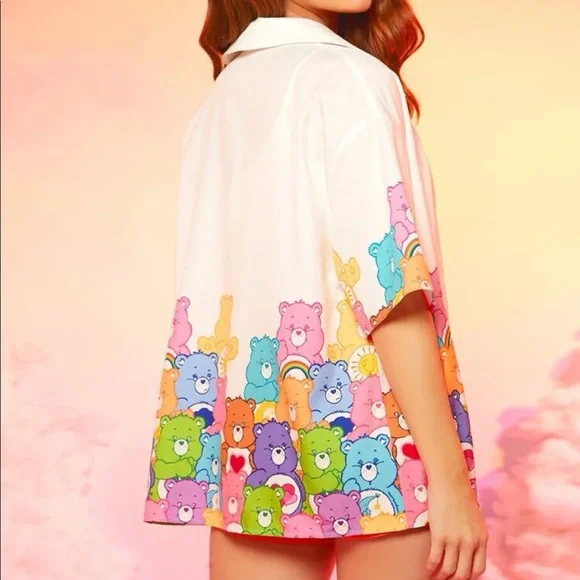 Care Bears shirt collar cute white top t-shirt short sleeve cartoon blue pink - Picture 2 of 6